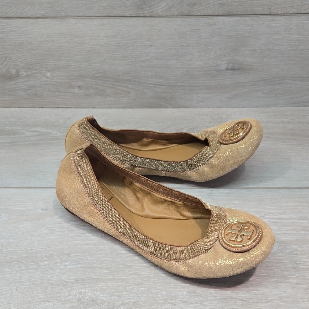 Tory Burch Glitter Suede Stretch Gold Ballet Flats Logo Shoes Sz 7M